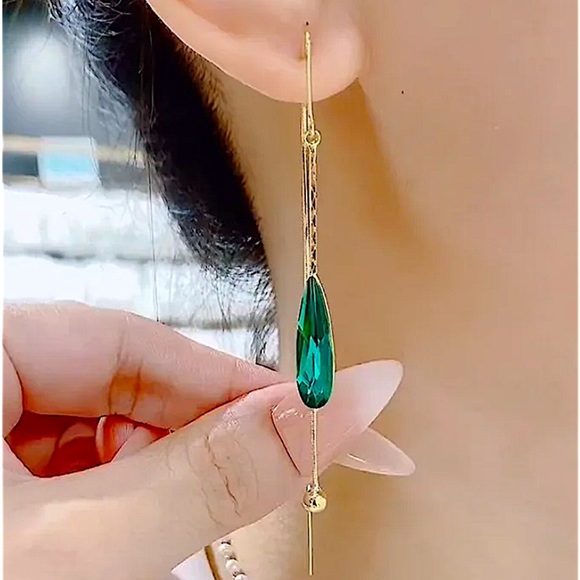 Gold Plated Emerald Tassel Dangle Zircon Earrings - Picture 1 of 5